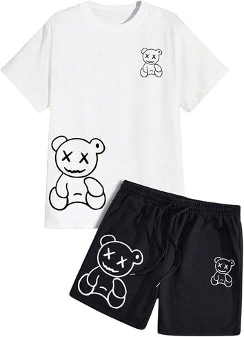 Men's Tracksuits 2 Piece Set Cartoon Bear Graphic Baggy Tee Shirts and Shorts in Kuwait