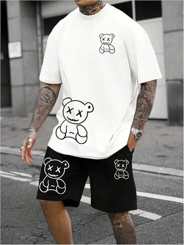 Men's Tracksuits 2 Piece Set Cartoon Bear Graphic Baggy Tee Shirts and Shorts in Kuwait