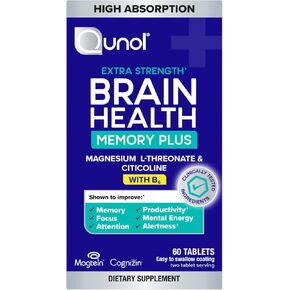 Qunol Brain Health Memory Plus with B6, Magnesium L-Threonate & Citicoline, Clinically Tested Ingredients to Improve Memory, Focus, Attention and Productivity, 60 Count (Pack of 1)