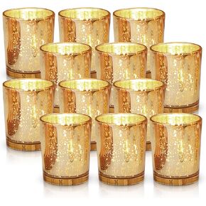 Gold Votive Tea Light Candle Holders for Centerpieces, Weddings, Tablescapes, Bridal/Baby Showers, Home Decor, Holiday, Party - Glass, 12 PCS