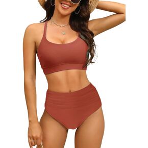 Women's High Waisted Bikini Sets Sporty Scoop Neck Cross Back Bathing Suit Two Piece Swimsuits for Women