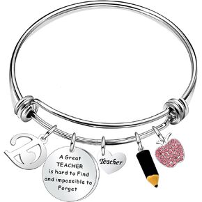 Thank You Silver A - Z 26 Initial Dangle Bangle Gift For Teacher's Day Thanksgiving Day,Student Back To School End Of Term Graduation Season Gift For Teacher