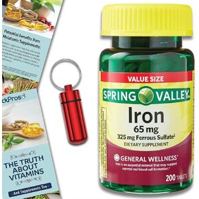 Spring Valley Iron Tablets Dietary Supplement Value Size, 65 mg, 200 Count Bundle + The Truth About Vitamins Guide and Pill Container (3 Items)
