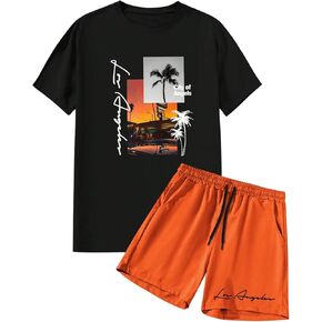 GORGLITTER Men's Vacation Beach Outfits 2 Piece Short Sets Short Sleeve Graphic Tees and Track Shorts