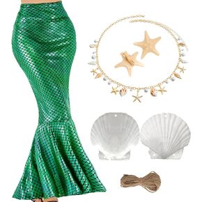 7PCS Summer Mermaid Costume Women Beach Sequin Shiny Skirt Sea-Maid Tail Swimsuit Cover up Shell Necklace Hair Clip
