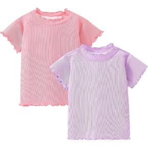 Girls Summer Lettuce Trim Ribbed Knit Short Sleeve T-Shirts Solid Color Casual Blouse Tops