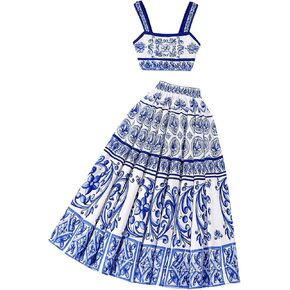 MakeMeChic Girl's Two Piece Boho Outfit Tribal Print Cami Crop Tops and Pleated Skirt Matching Set