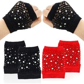 NODG 2 Pairs Short Fishnet Fingerless Gloves, Black & Red, Adult Women's Cosplay & Party Gloves, Polyester Mesh with Rhinestones