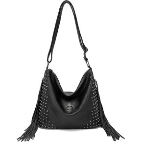 KingTo Skull Shoulder Handbags for Women Gothic Rivet Tassel Crossbody Bag Punk Hobo Messenger Bag