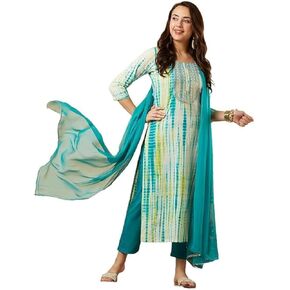 Aashita Creations Straight Tie and Diy printed Women Kurta with Pant & Dupatta, Blue