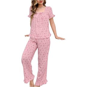 Verdusa Women's 2 Piece Pajama Sets Floral Print Puff Sleeve Bow Front Square Neck Short Sleeve Top and Pants Pajama Set