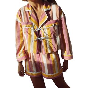 Thopavenoir Women's 2 Piece Floral/Stripe Print Pajamas Sets Long Sleeve Tie Front Shirt + Wide Leg Shorts Outfits Sleepwear