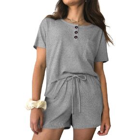 Ekouaer Womens Pajama Sets 2 Piece Ribbed Knit Pjs Short Sleeve Soft Sleepwear Summer Lounge Sets
