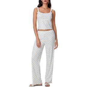 SOLILOQUY Women 2 Piece Pajama Set Sleeveless Lace Patchwork Cami Crop Top and Pants Y2K Floral Print Lounge Sleepwear PJ Set