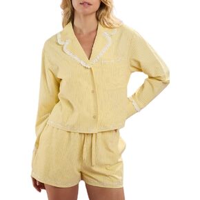LILTWIST Womens Checkered Stripe Pajama Sets Long Sleeve Shirt Shorts Pjs 2 Piece Button Down Floral Print Lounge Sleepwear