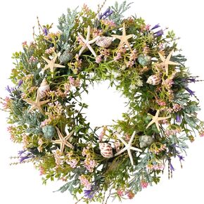 22 Inch Summer Wreath Artificial Coastal Starfish Conch Front Door Wreath Rustic Farmhouse Spring Summer Greenery Wreaths Indoor Outdoor All Season Home Wedding Decor