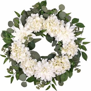 24" Spring Summer Front Door Wreath, Life-Like Artificial White Dahlia Hydrangea Wreath for Wedding Valentine's Day Mother's Day Memorial Day