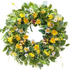 Spring Summer Wreath for Front Door, 24 inch Artificial Floral Wreaths with Green Leaves Daisy Realistic Berry Narcissus for Porch Patio Garden, Indoor Outdoor door Wall Decor Party Holiday Decoration