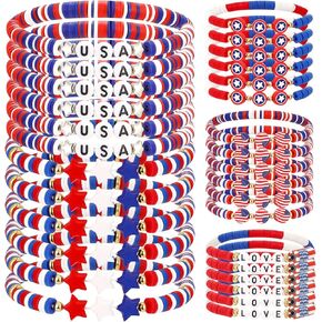 30 Pcs 4th of July Friendship Bracelets Patriotic Independence Day Accessories Memorial Day USA Red Blue White Beads Stretch Bracelets Set American Flag Favors for Women Mens