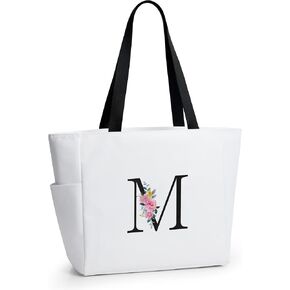 KALIDI Personalized Beach Tote Bag, Initial Alphabet Gift Zipper Grocery Bag for Mom Teacher Friend Wedding Daily Shopping