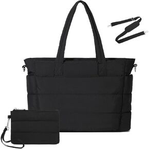 BAVERGE Tote Bag for Women 2PCS, Puffer Quilted Shoulder Bag Handbag with Laptop Compartment Detachable Purse for Travel Gym