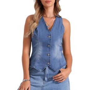 Allegra K V Neck Denim Vest for Women's Sleeveless Button Down Jean Waistcoat Fashion Casual Jacket in Kuwait