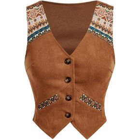 GORGLITTER Women's Vintage Embroidered Vest Button Down Sleeveless V Neck Crop Jacket