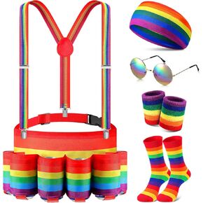 Mepase 6 Pcs Pride Day Beverage Beer Belt Accessories Costume Set Rainbow Fanny Pack with Drink Holder Striped Suspenders Headband Wristband and Socks Sunglasses Outfit Women Men