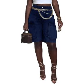 Huisifang Women's Cargo Cargo Shorts Bermuda طول الركبة عالي الخصر شورت Jean Streets Streets