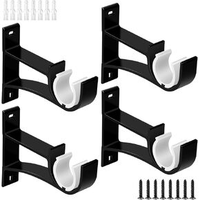Curtain Rod Brackets, Black Single Heavy Duty Aluminum Alloy Wall Mount Curtain Rod Holders 4 Pack