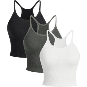 SHENHE Women's 3 Pack Seamless Ribbed Knit Camisole Racerback Strappy Workout Crop Tank Top