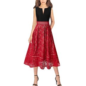 VFSHOW Womens Lace Applique Tie Waist Front Zipper Pockets Pleated Cocktail Party A-Line Midi Dress