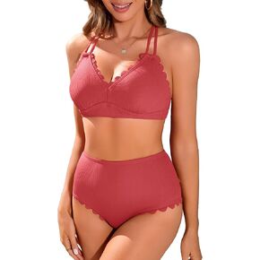 Charmo Women Scallop Trim Bikini Sets Ribbed Two Piece Bathing Suit V Neck High Waisted Swimsuits