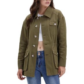 Women's Military Jacket Lightweight Button Up Utility Drawstring Waist Anorak Coat with Pockets