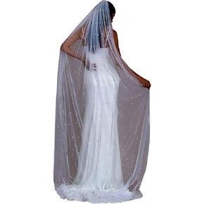 Pearl Chapel Length Wedding Bridal Veil with Metal Comb for Bride