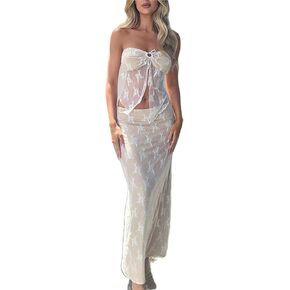 Women's 2 Piece Skirt Sets Sleeveless Strapless Drawstring Lace Cutout Bandeau Tube Tops and Bodycon Maxi Skirt Set