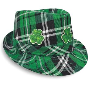 Irish Plaid Fedora Hat for Theme Parties Vintage Green Clover Hat for Costume Cosplay Everyday Fashion, Adjustable Unisex Design for Men Women