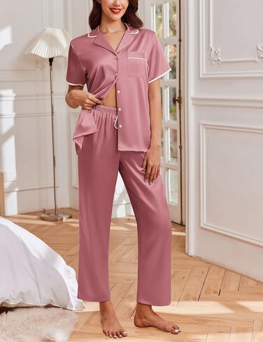 Ekouaer Womens Silk Satin Pajama Sets 2 Piece Button Up Bride Pjs Soft Short Sleeve Sleepwear Long Pants Loungewear, S-XXL in Saudi Arabia