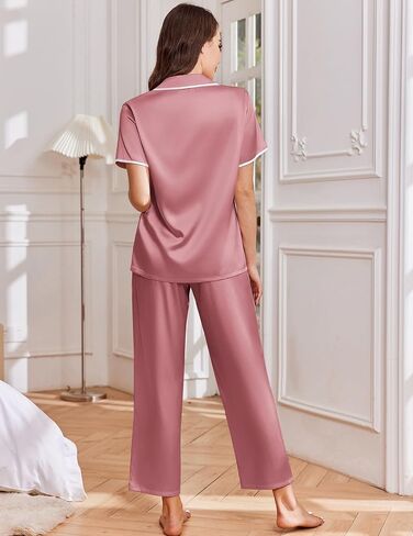 Ekouaer Womens Silk Satin Pajama Sets 2 Piece Button Up Bride Pjs Soft Short Sleeve Sleepwear Long Pants Loungewear, S-XXL in Saudi Arabia