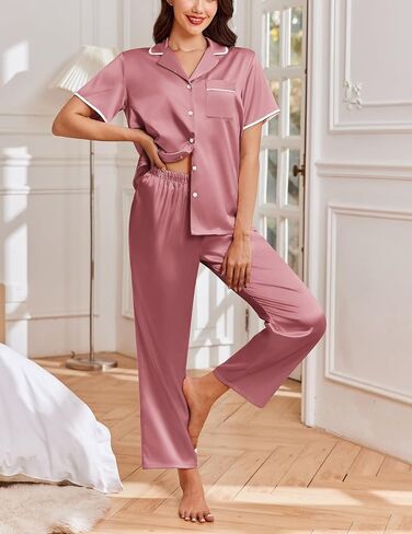 Ekouaer Womens Silk Satin Pajama Sets 2 Piece Button Up Bride Pjs Soft Short Sleeve Sleepwear Long Pants Loungewear, S-XXL in Saudi Arabia