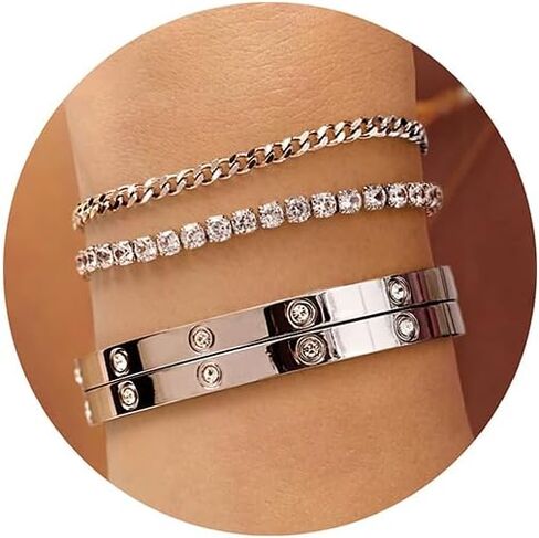 Kainier Gold Bracelets Sets for Women 4pcs Love Bangle Bracelet Cubic Zirconia Tennis Cuban Chain Stacking Gift for Love Gold/Silver in Kuwait