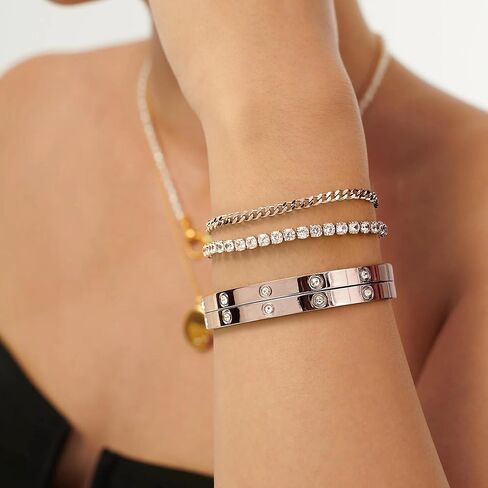Kainier Gold Bracelets Sets for Women 4pcs Love Bangle Bracelet Cubic Zirconia Tennis Cuban Chain Stacking Gift for Love Gold/Silver in Kuwait