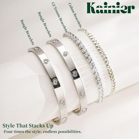 Kainier Gold Bracelets Sets for Women 4pcs Love Bangle Bracelet Cubic Zirconia Tennis Cuban Chain Stacking Gift for Love Gold/Silver in Kuwait