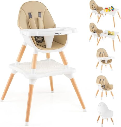 BABY JOY 6 in 1 High Chair, Convertible High Chairs for Babies and Toddlers/Booster Seat/Table and Chair Set, Infant Wooden Highchair w/ 5-Point Harness, 4-Position Removable Tray & PU Cushion (Khaki) in Saudi Arabia