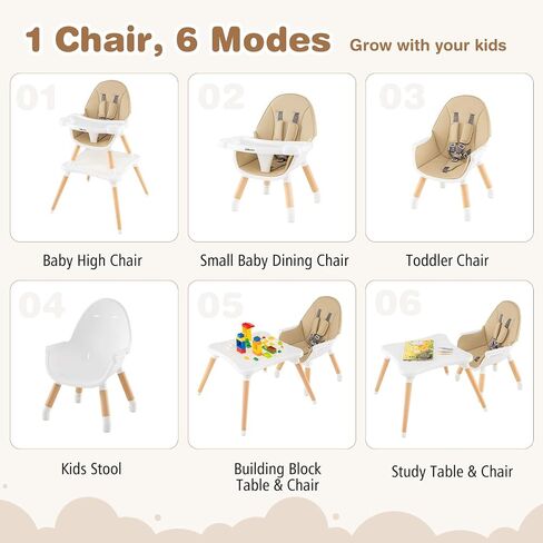 BABY JOY 6 in 1 High Chair, Convertible High Chairs for Babies and Toddlers/Booster Seat/Table and Chair Set, Infant Wooden Highchair w/ 5-Point Harness, 4-Position Removable Tray & PU Cushion (Khaki) in Saudi Arabia