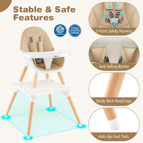 BABY JOY 6 in 1 High Chair, Convertible High Chairs for Babies and Toddlers/Booster Seat/Table and Chair Set, Infant Wooden Highchair w/ 5-Point Harness, 4-Position Removable Tray & PU Cushion (Khaki) in Saudi Arabia