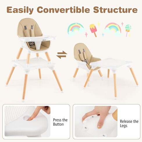 BABY JOY 6 in 1 High Chair, Convertible High Chairs for Babies and Toddlers/Booster Seat/Table and Chair Set, Infant Wooden Highchair w/ 5-Point Harness, 4-Position Removable Tray & PU Cushion (Khaki) in Saudi Arabia