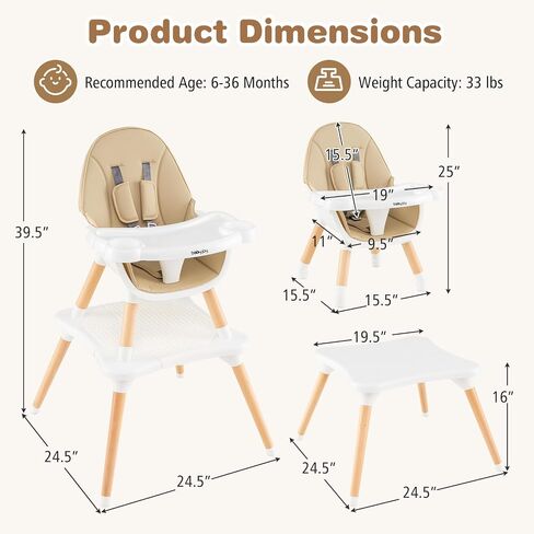 BABY JOY 6 in 1 High Chair, Convertible High Chairs for Babies and Toddlers/Booster Seat/Table and Chair Set, Infant Wooden Highchair w/ 5-Point Harness, 4-Position Removable Tray & PU Cushion (Khaki) in Saudi Arabia