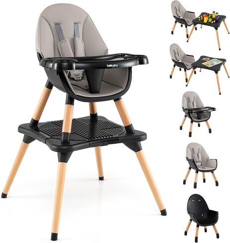 BABY JOY 5 in 1 High Chair, Convertible High Chairs for Babies and Toddlers/Booster Seat/Table and Chair Set, Infant Wooden Highchair w/ 5-Point Harness, 4-Position Removable Tray & PU Cushion, Gray in Kuwait