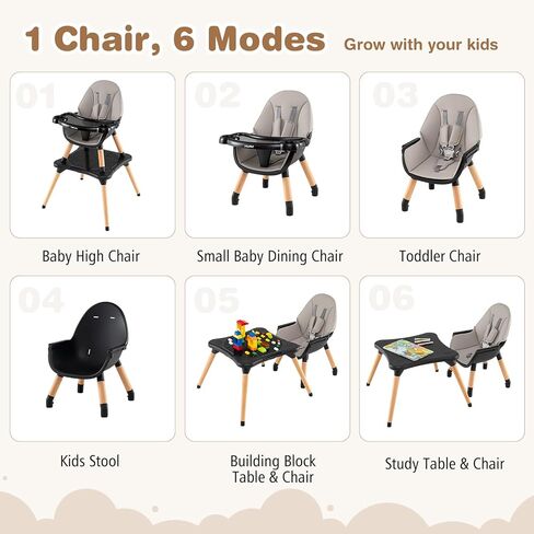 BABY JOY 5 in 1 High Chair, Convertible High Chairs for Babies and Toddlers/Booster Seat/Table and Chair Set, Infant Wooden Highchair w/ 5-Point Harness, 4-Position Removable Tray & PU Cushion, Gray in Kuwait